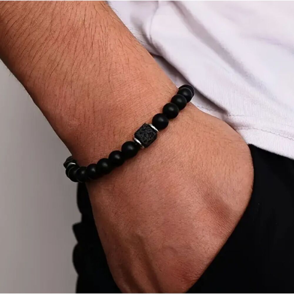Round Square Diffuser Genuine Lava Stone Silver Men's Stretch Bead Bracelet